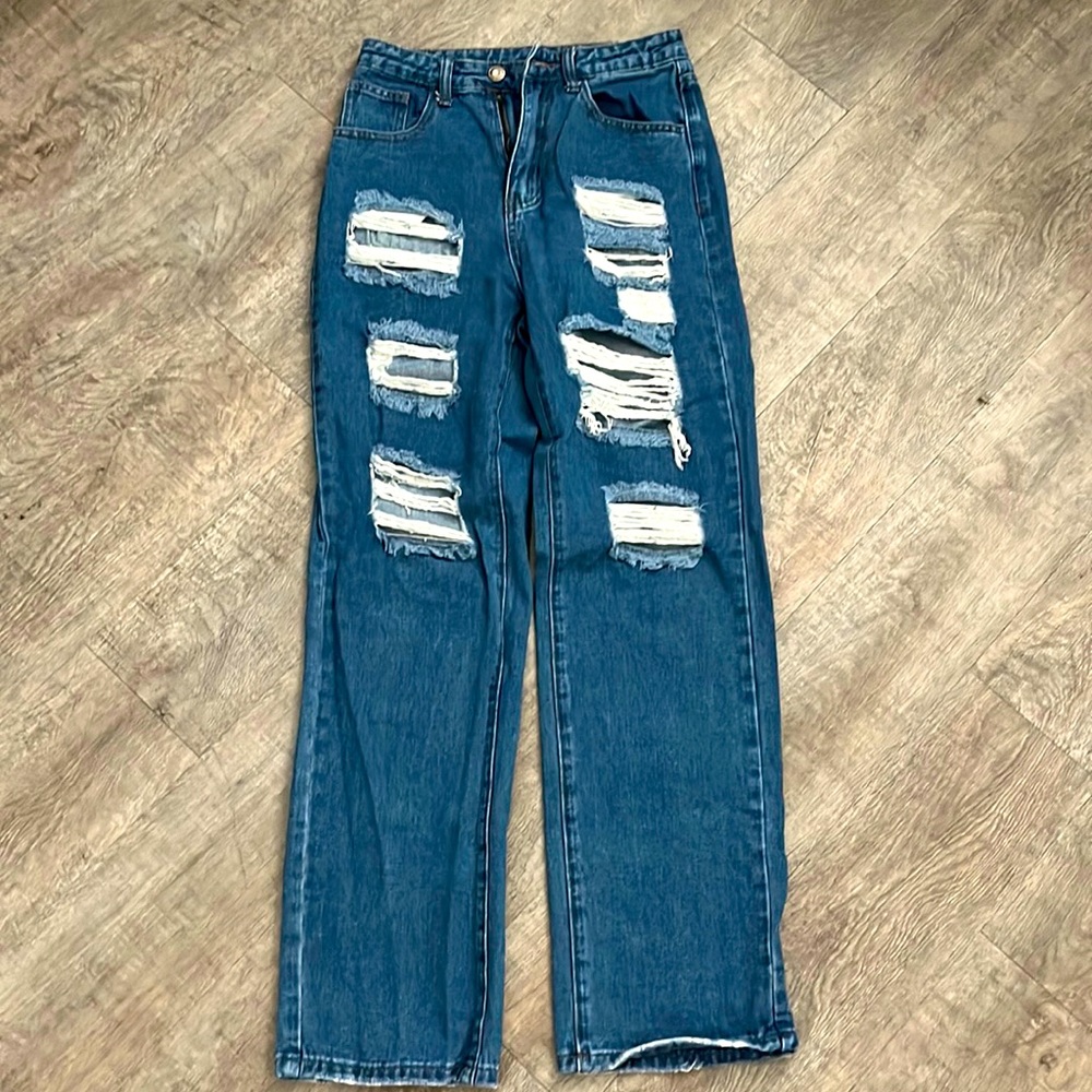 High waisted ripped straight leg jeans